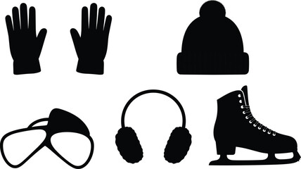 Winter gear silhouettes, black icons set, gloves, hat, earmuffs, ski goggles, ice skate, cold weather accessories, vector illustration, isolated