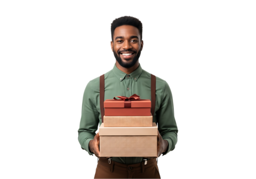 Smiling man holding a stack of gift boxes isolated on transparent background - Powered by Adobe