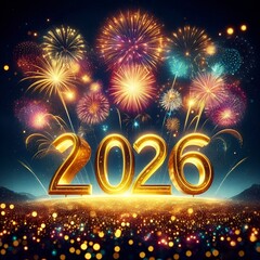“2026 golden numbers shining bright, fireworks exploding, night sky celebration.”