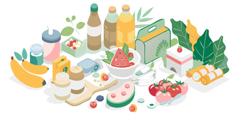 A vibrant isometric illustration of healthy food and drinks arranged on a dark background