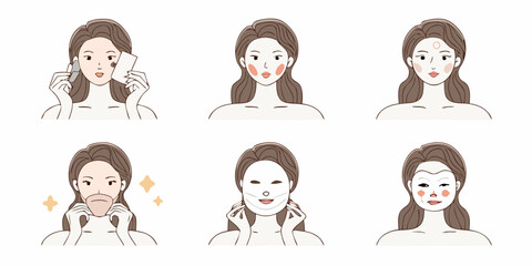 Step by step illustration of a woman applying a facial sheet mask for skincare routine