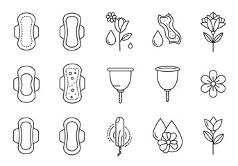 Black and white line icons depicting various menstrual hygiene products and related natural elements