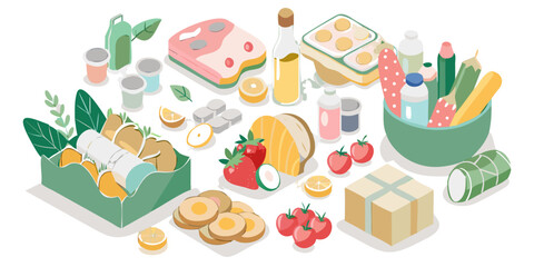 A colorful isometric illustration of various food items and kitchen essentials arranged on a black background