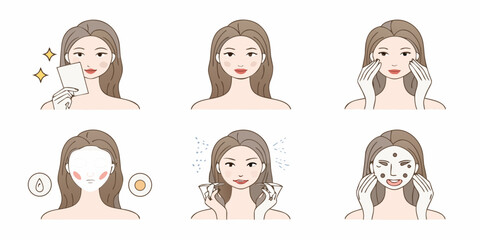 Woman applying a facial sheet mask and performing a multi step skincare routine for healthy glowing skin