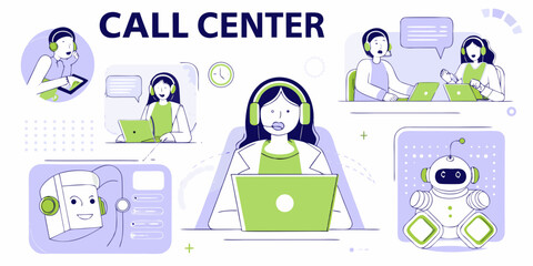 Modern call center operations featuring human agents and ai robot support