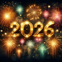 “2026 golden numbers shining bright, fireworks exploding, night sky celebration.”