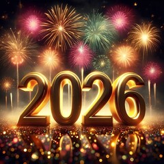 “2026 golden numbers shining bright, fireworks exploding, night sky celebration.”