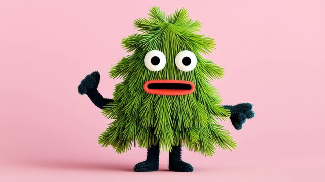 Whimsical animated character resembling a tree with vibrant green foliage and expressive eyes, engagingly poses with arms outstretched, showcasing playful personality, camera pans to capture dynamic m