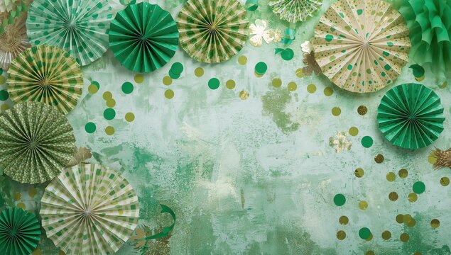 Green background featuring St. Patrick's Day paper decorations with honeycomb shamrocks, polka dots, and striped fans, festive decor