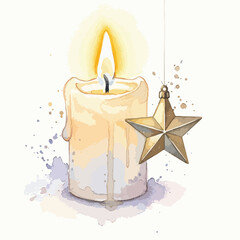 Vector Illustration of Candle and Star Ornament in Soft Watercolor Style with Warm Beige and Gold Colors