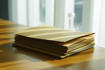 A stack of folders with documents lies on the table.