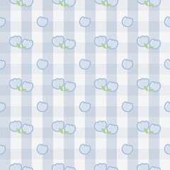 Cute blue and white plaid seamless pattern with simple flower accents, soft and sweet design perfect for nursery fabric, spring packaging, and stationery.