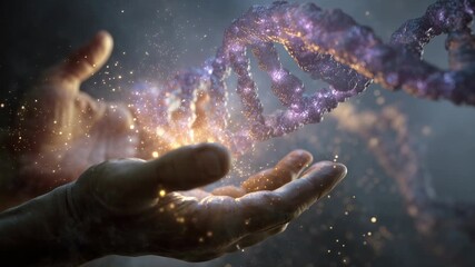 Ethereal representation of creation as divine hands gently hold a glowing dna double helix structure, surrounded by magical golden particles representing the origin of life and biotechnology - Powered by Adobe