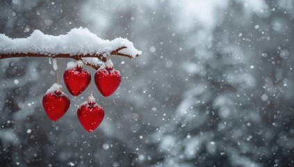 Red hearts adorning a snow-laden tree branch in winter, seasonal charm, Valentine's Day