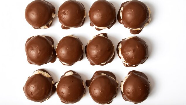 Chocolate-covered marshmallow snacks on a white backdrop, indulgent treat option