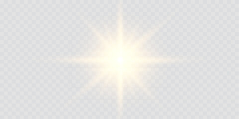 Vector transparent sunlight lens flare and glow effect with flashing lights, glittering stars, and bright sparks. Features yellow light effect, reflections, and neon illumination for radiant designs.