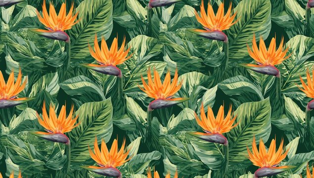 Seamless tropical bird of paradise plant design featuring lush leaves and vibrant summer blooms, ideal for editorial backgrounds - Powered by Adobe