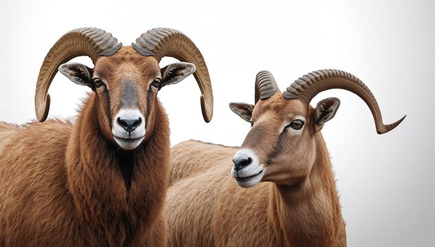 Male and female Barbary sheep displayed against a white backdrop, focusing on wildlife isolation