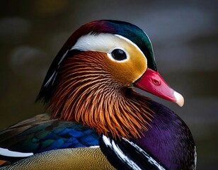 Close-up portrait of a vibrantly-colored mandarin duck, showcasing intricate feather details