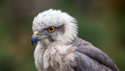 Obraz premium Close-up shot of a juvenile raptor in natural surroundings, highlighting its white feathers and sharp gaze