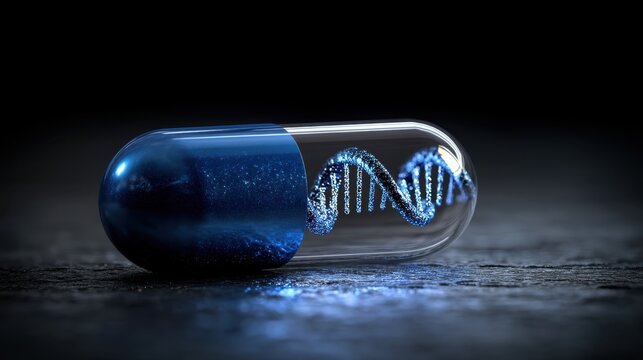 3D Rendering of a Transparent Capsule with DNA Helix, Symbolizing Genetic Science and Innovative Medicine Concepts
