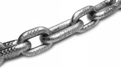 Obraz premium Close-up view of a metallic chain on a white backdrop, focus on durability and strength