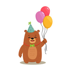 Cute cartoon bear with balloons. Teddy bear in flat style for greeting card, book, activity page. Happy birthday postcard. Vector illustration
