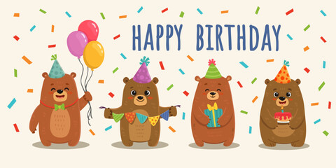 Set of cute cartoon bears with birthday decoration. Teddy bear with balloons, cake, gift. Animal in flat style for greeting card, books, aktivity page, happy birthday postcard. Vector illustration