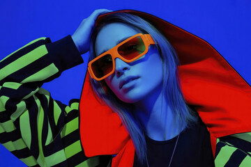 Stylish and fashionable girl in a hood.