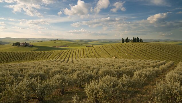 Aerial view of the picturesque Val d'Orcia landscape, highlighting seasonal change - Powered by Adobe