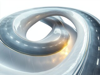 Three-dimensional twisting and looping highway road structure with smooth white walls and reflective surface creating a futuristic and surreal mood