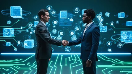 businessman face off in virtual network with digital data and security overlay. corporate meeting centers negotiation and analysis. technology elements float around suit-clad figures. cube motif. - Powered by Adobe