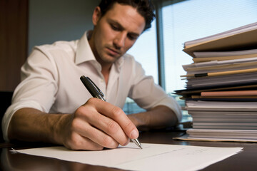 A male businessman is sitting in the office and signing papers.