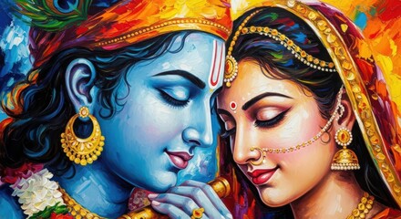 Naklejka premium Lord krishna and radha in a tender embrace, painted in vibrant colors
