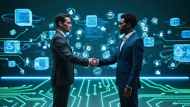 businessman face off in virtual network with digital data and security overlay. corporate meeting centers negotiation and analysis. technology elements float around suit-clad figures. cube motif. - Powered by Adobe