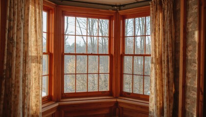 Large wooden window adorned with elegant curtains, enhancing natural light exposure