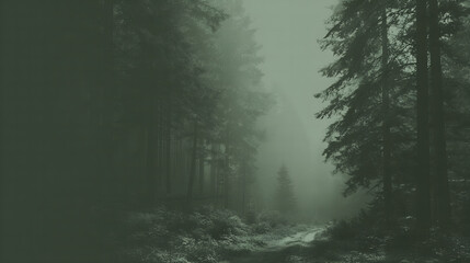 Misty forest landscape with fog and dark green trees in moody atmosphere