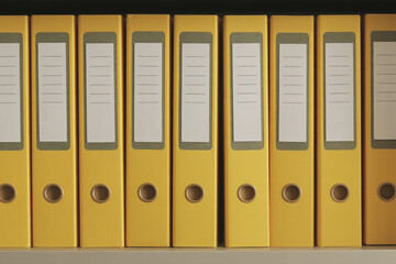 Yellow folders with important papers on a shelf in the office.