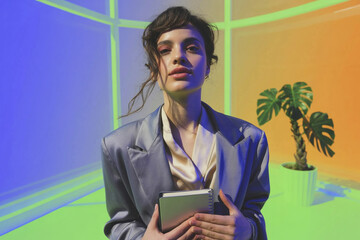 Stylish beautiful girl in a cartoon office.