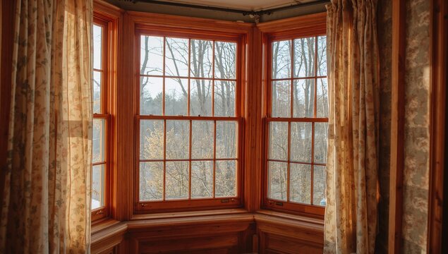 Large wooden window adorned with elegant curtains, enhancing natural light exposure