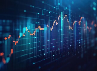 Digital financial chart with fluctuating orange and blue data lines on a dark background representing market trends and data analysis
