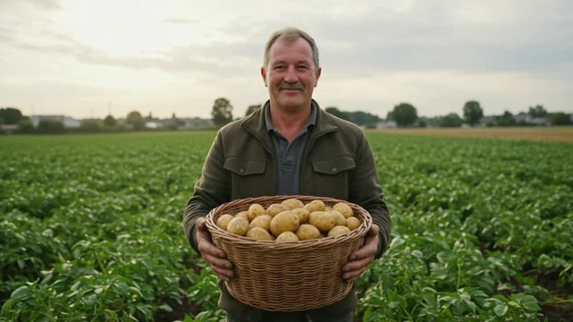Harvest Time: Proud farmer holds a basket full of freshly picked potatoes in field