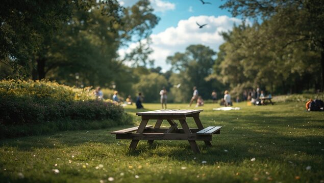 Blurred view of a tranquil outdoor park featuring a picnic table and vibrant greenery on a sunny day, suitable for editorial backgrounds