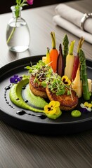 Gourmet Roasted Fish with Colorful Vegetables and Creamy Sauce.