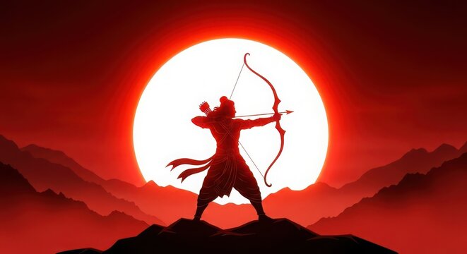 Silhouette of lord rama with bow and arrow against a large sun