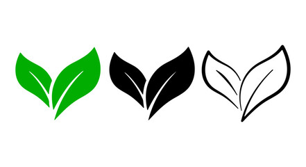 Two green leaf icon set, minimal eco flat line vector