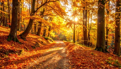 Path winds through a forest aglow with golden autumn leaves, sunlight streaming through the canopy