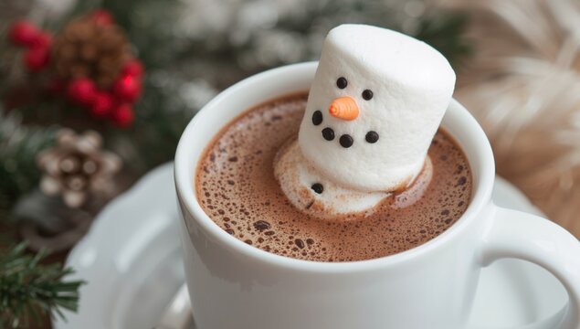 Mug of warm cocoa topped with a melting marshmallow snowman. Delightful snack for children with a humorous marshmallow figure. Festive winter holiday ornament. Seasonal greeting card. Cozy winter - Powered by Adobe