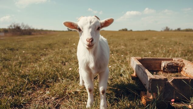 A white young goat gazes directly at the camera, embodying a sense of curiosity and stillness.
