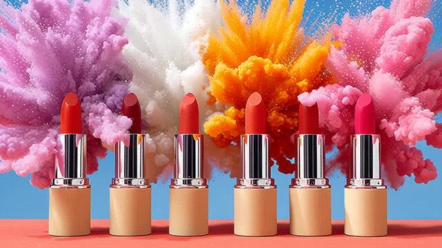Vibrant lipsticks displayed in a row, with colorful powder explosions in the background, showcasing a dynamic scene progression, camera pans across the vibrant colors and textures of the lip products